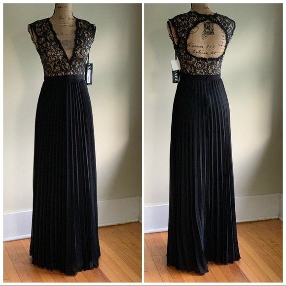 Xscape black lace overlay chiffon pleat dress 4 - Picture 3 of 15